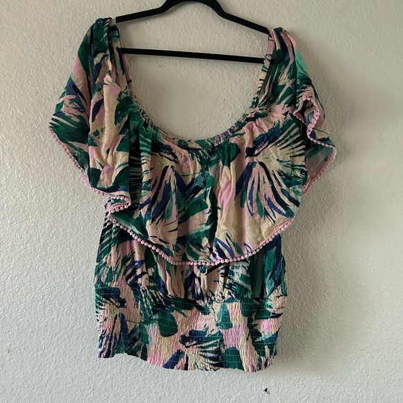 Torrid 5X Floral Off-Shoulder Top - Green and Pink Tropical Coastal Vacation - Picture 2 of 15